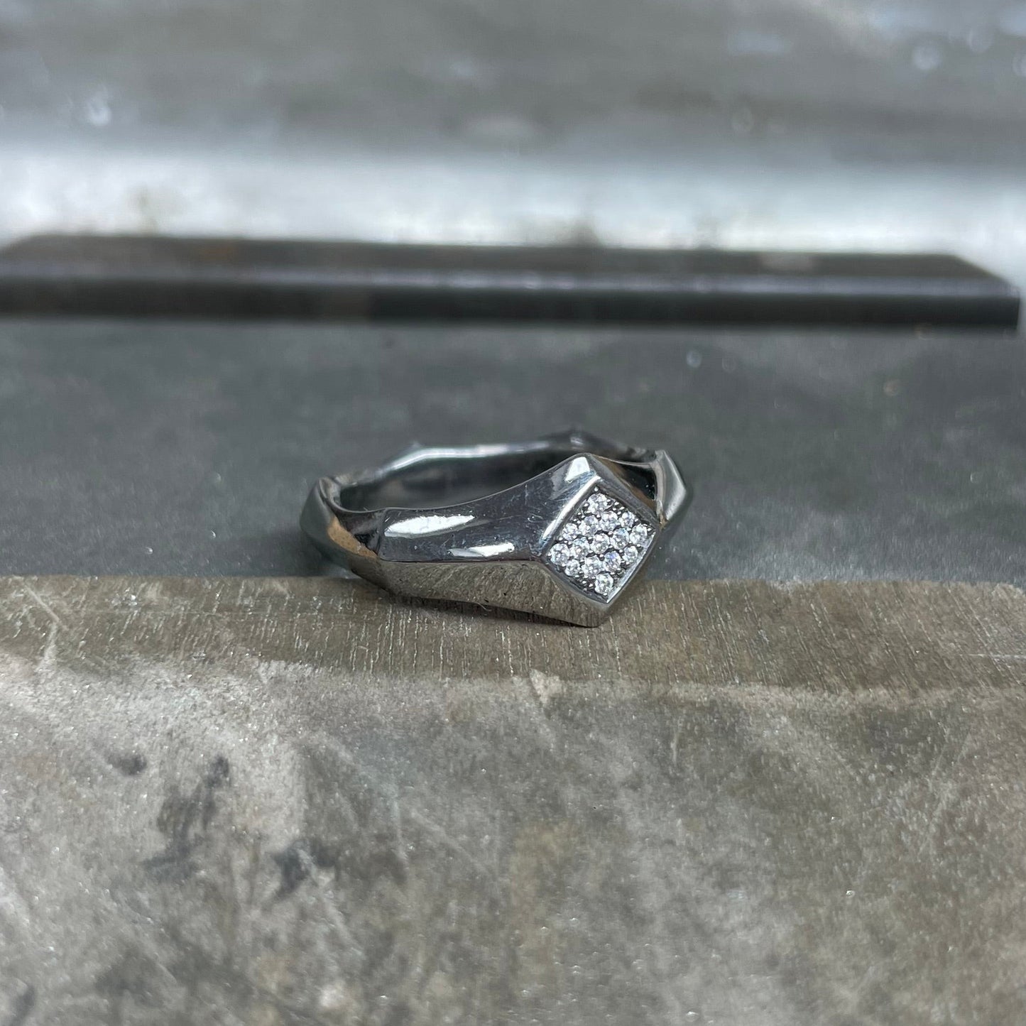 titanium gothic signet ring with pave set moissanite