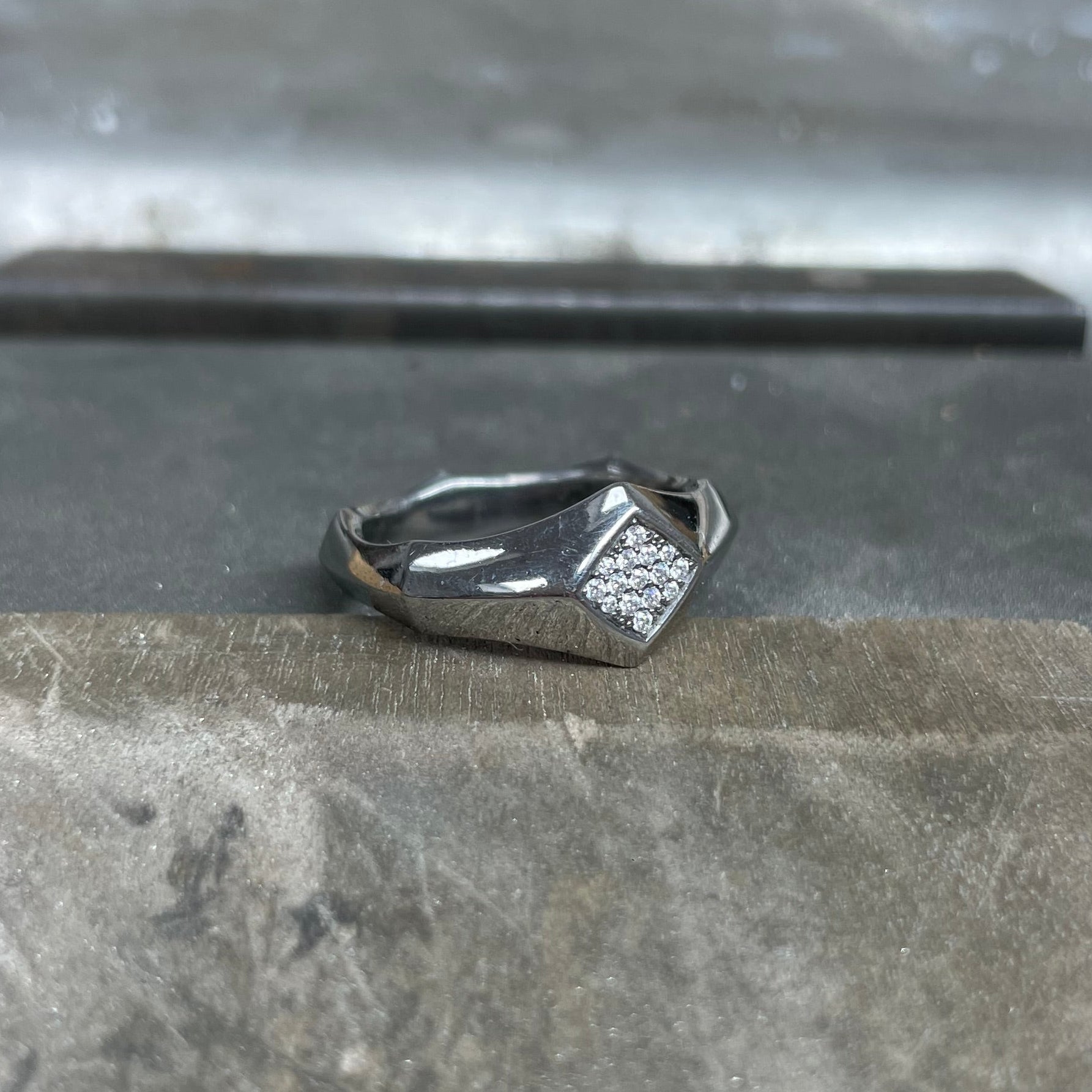 titanium gothic signet ring with pave set moissanite