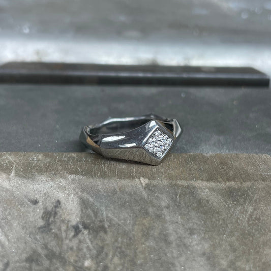 titanium gothic signet ring with pave set moissanite